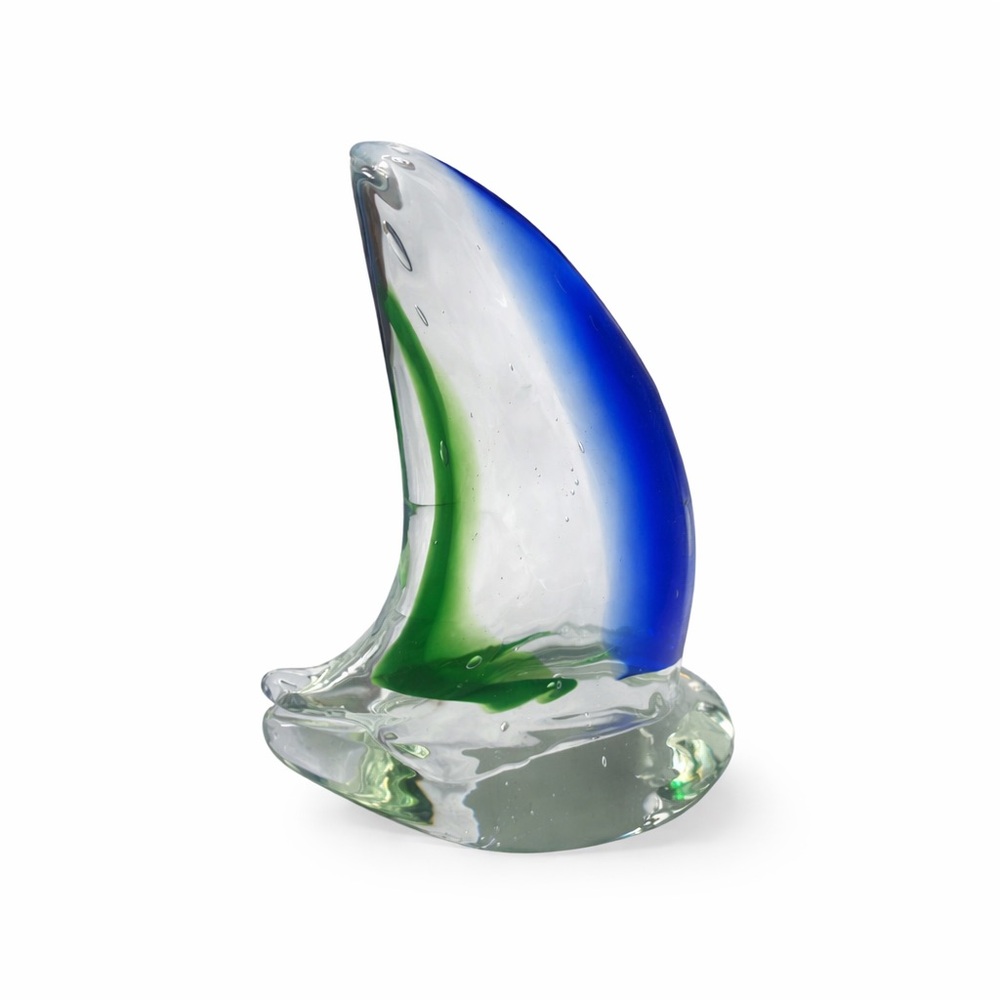 Murano Style Art Glass Sailboat Blue Green Hand Blown Coastal Nautical Decor 8" - Picture 2 of 7
